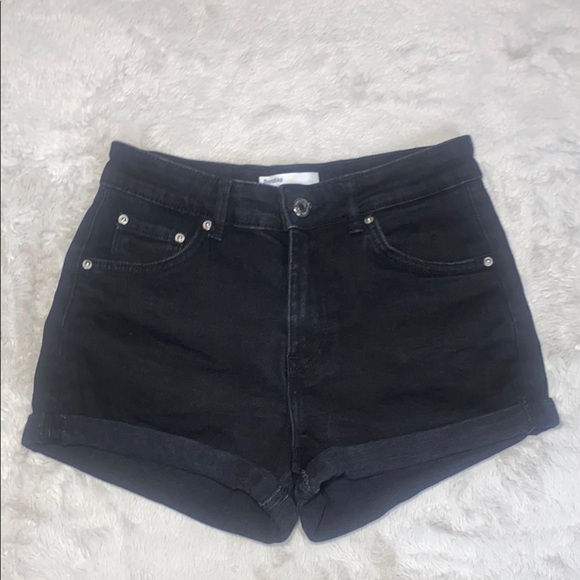 Bershka Black High-Waisted Jean Shorts Cuffed Hem - Picture 1 of 6